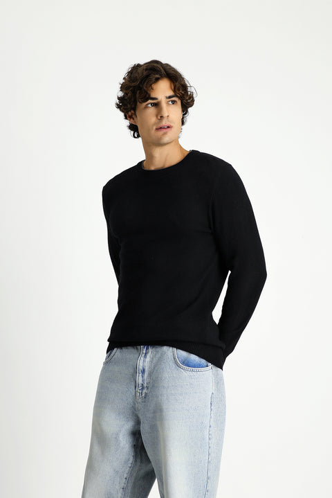 Black Crew Neck Regular Fit Knitted Wool Cashmere Blend Sweater