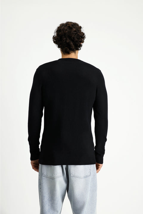 Black Crew Neck Regular Fit Knitted Wool Cashmere Blend Sweater