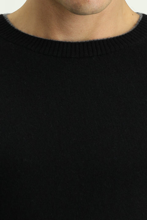Black Crew Neck Regular Fit Knitted Wool Cashmere Blend Sweater