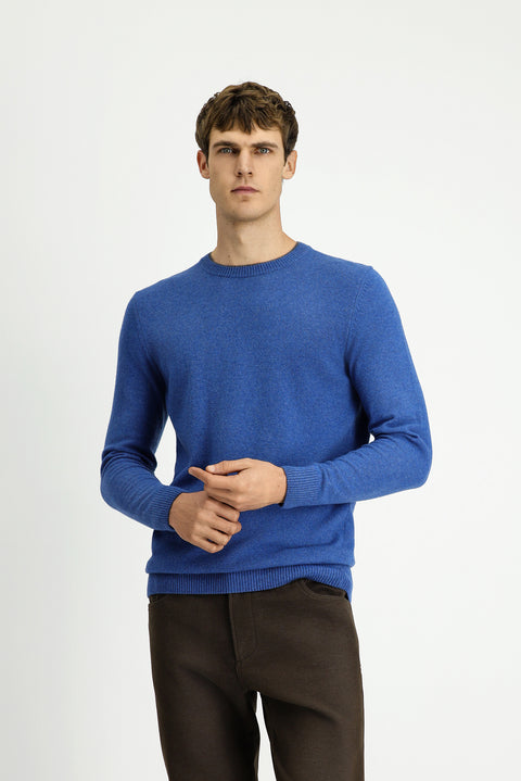 Indigo Melange Crew Neck Regular Fit Knitted Wool Cashmere Blend Sweater