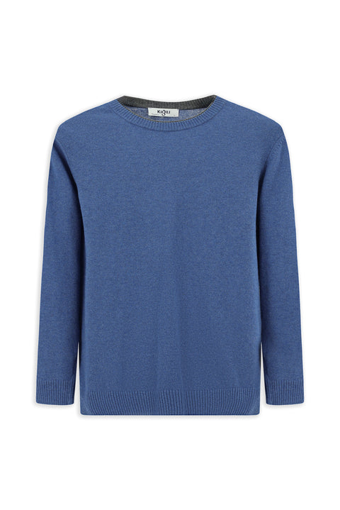 Indigo Melange Crew Neck Regular Fit Knitted Wool Cashmere Blend Sweater