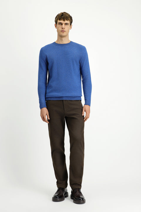 Indigo Melange Crew Neck Regular Fit Knitted Wool Cashmere Blend Sweater