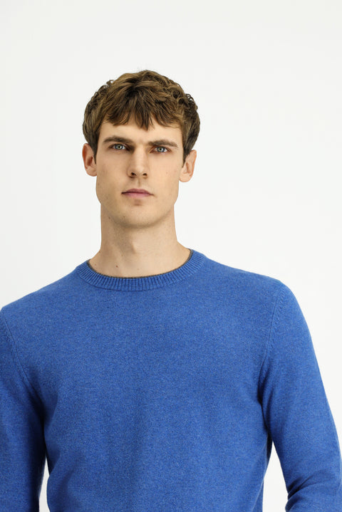 Indigo Melange Crew Neck Regular Fit Knitted Wool Cashmere Blend Sweater