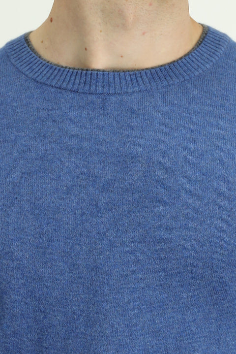 Indigo Melange Crew Neck Regular Fit Knitted Wool Cashmere Blend Sweater