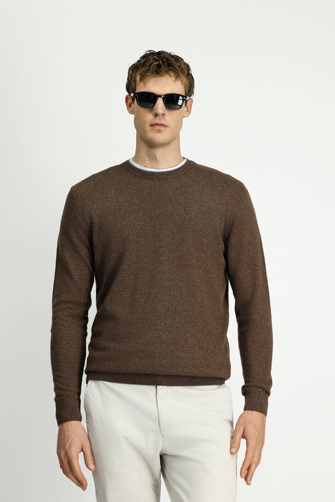 Medium Brown Crew Neck Regular Fit Knitted Wool Cashmere Blend Sweater