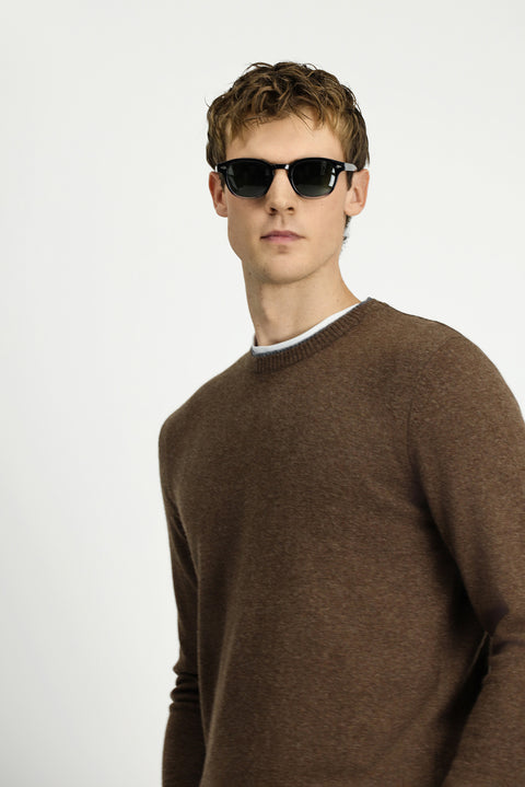 Medium Brown Crew Neck Regular Fit Knitted Wool Cashmere Blend Sweater