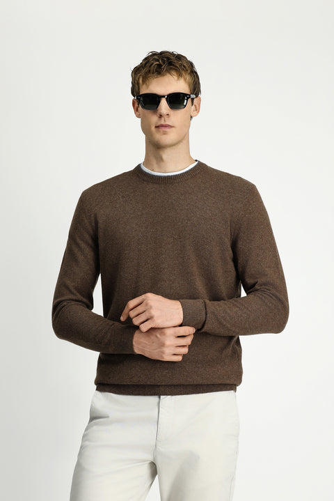 Medium Brown Crew Neck Regular Fit Knitted Wool Cashmere Blend Sweater