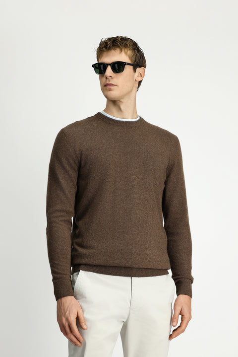 Medium Brown Crew Neck Regular Fit Knitted Wool Cashmere Blend Sweater