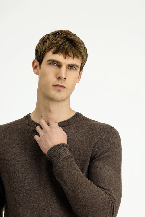 Medium Beige Crew Neck Regular Fit Knitted Wool Cashmere Blend Sweater