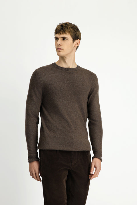 Medium Beige Crew Neck Regular Fit Knitted Wool Cashmere Blend Sweater