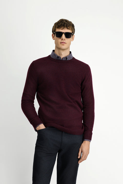 Dark Burgundy Crew Neck Regular Fit Knitted Wool Cashmere Blend Sweater