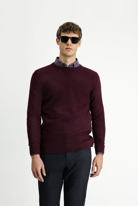 Dark Burgundy Crew Neck Regular Fit Knitted Wool Cashmere Blend Sweater