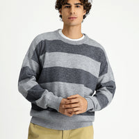 Medium Grey Melange Crew Neck Oversize Extra Relaxed Striped Knit Sweater