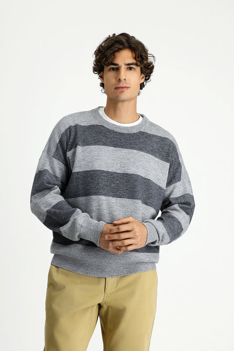 Medium Grey Melange Crew Neck Oversize Extra Relaxed Striped Knit Sweater