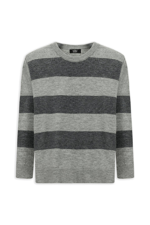 Medium Grey Melange Crew Neck Oversize Extra Relaxed Striped Knit Sweater