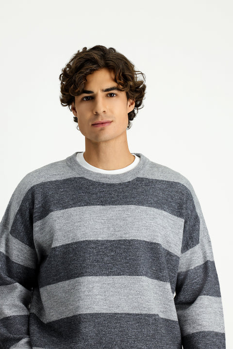 Medium Grey Melange Crew Neck Oversize Extra Relaxed Striped Knit Sweater