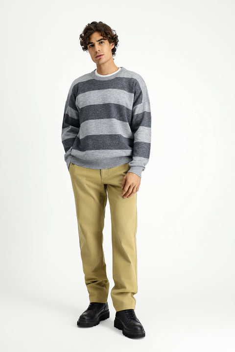 Medium Grey Melange Crew Neck Oversize Extra Relaxed Striped Knit Sweater