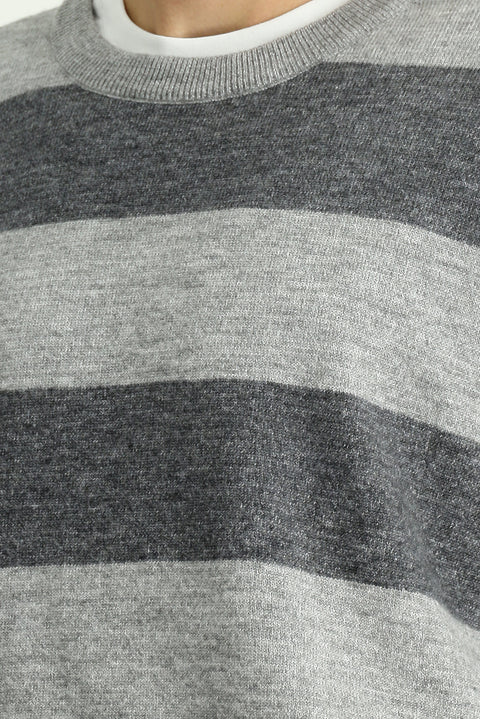 Medium Grey Melange Crew Neck Oversize Extra Relaxed Striped Knit Sweater