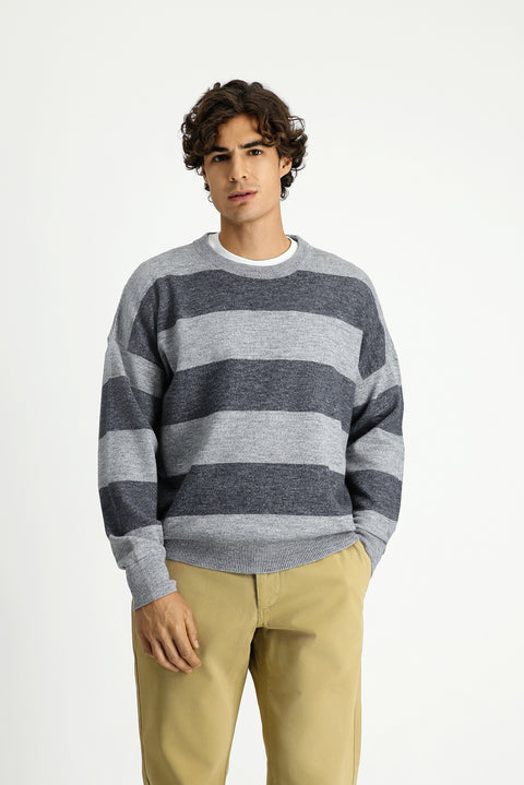 Medium Grey Melange Crew Neck Oversize Extra Relaxed Striped Knit Sweater