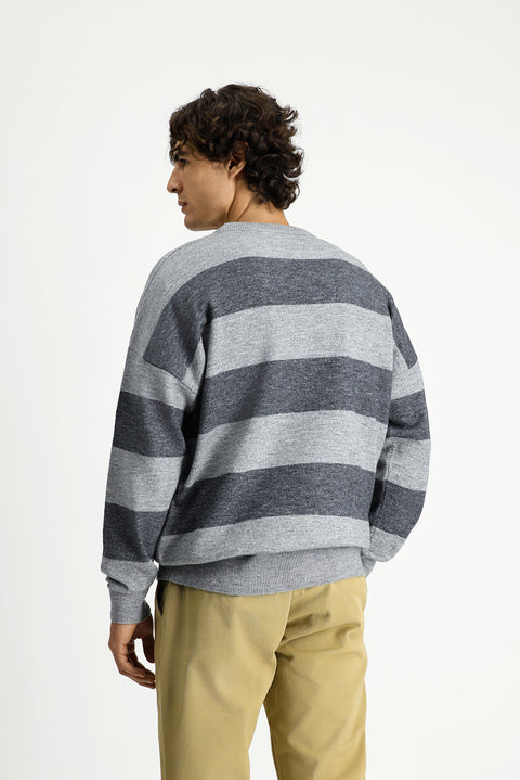 Medium Grey Melange Crew Neck Oversize Extra Relaxed Striped Knit Sweater