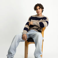 Medium Mink Crew Neck Oversize Extra Relaxed Fit Striped Knit Sweater