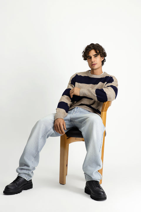 Medium Mink Crew Neck Oversize Extra Relaxed Fit Striped Knit Sweater