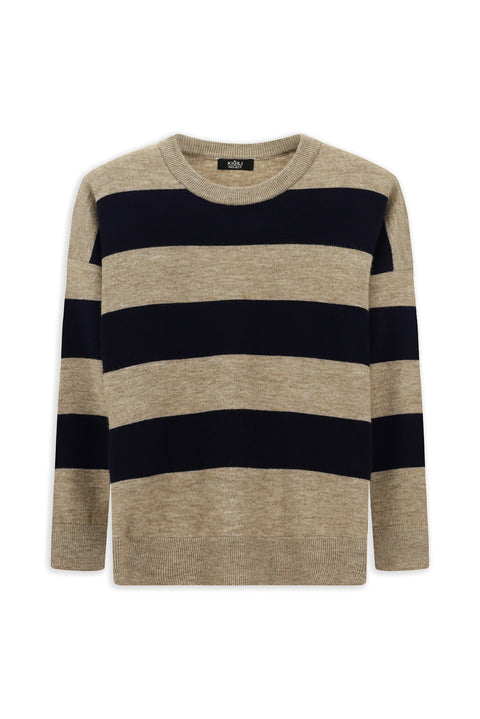 Medium Mink Crew Neck Oversize Extra Relaxed Fit Striped Knit Sweater