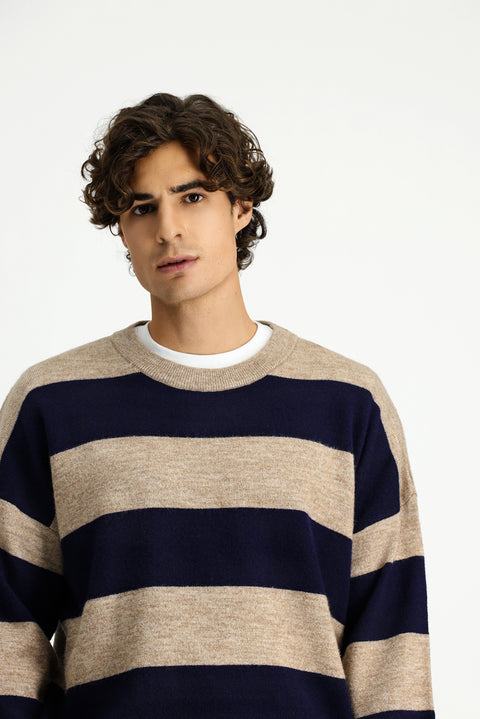 Medium Mink Crew Neck Oversize Extra Relaxed Fit Striped Knit Sweater