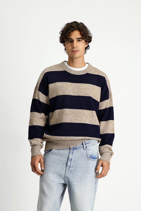Medium Mink Crew Neck Oversize Extra Relaxed Fit Striped Knit Sweater
