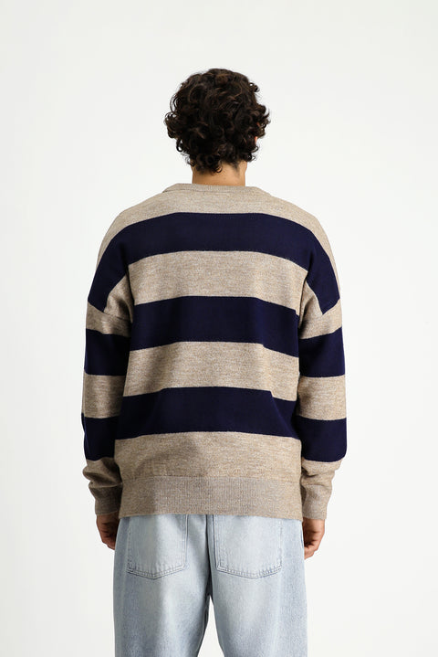 Medium Mink Crew Neck Oversize Extra Relaxed Fit Striped Knit Sweater