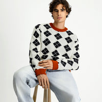 Off-white crew neck oversized extra relaxed fit cotton patterned knit sweater.