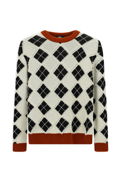 Off-white crew neck oversized extra relaxed fit cotton patterned knit sweater.
