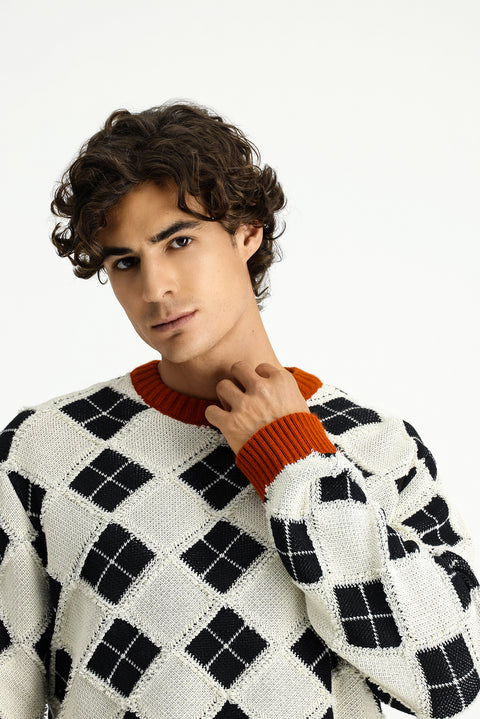 Off-white crew neck oversized extra relaxed fit cotton patterned knit sweater.