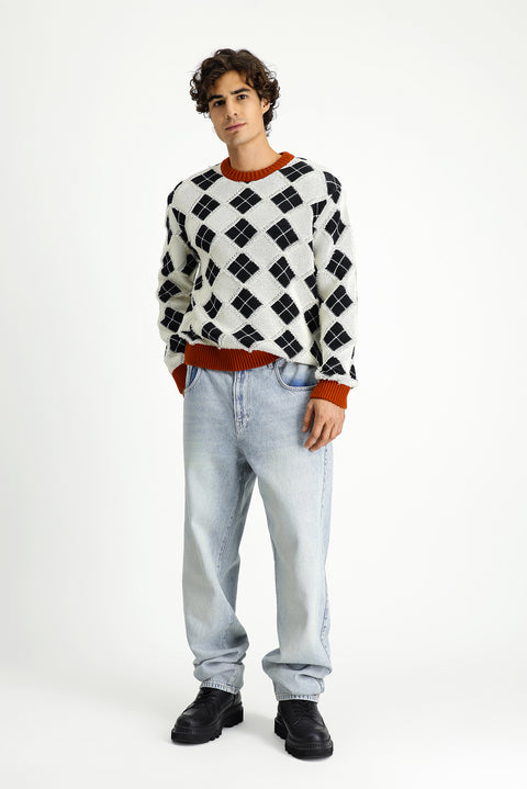 Off-white crew neck oversized extra relaxed fit cotton patterned knit sweater.