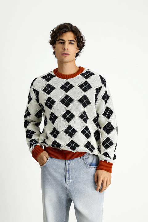 Off-white crew neck oversized extra relaxed fit cotton patterned knit sweater.