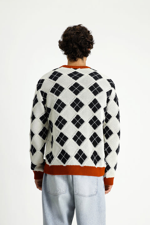 Off-white crew neck oversized extra relaxed fit cotton patterned knit sweater.