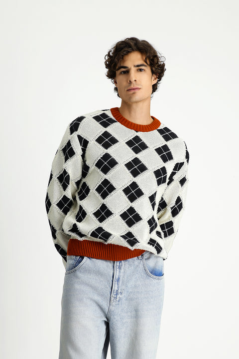 Off-white crew neck oversized extra relaxed fit cotton patterned knit sweater.