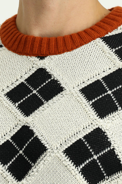 Off-white crew neck oversized extra relaxed fit cotton patterned knit sweater.