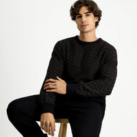 Dark Brown Crew Neck Oversize Extra Relaxed Fit Cotton Patterned Knit Sweater