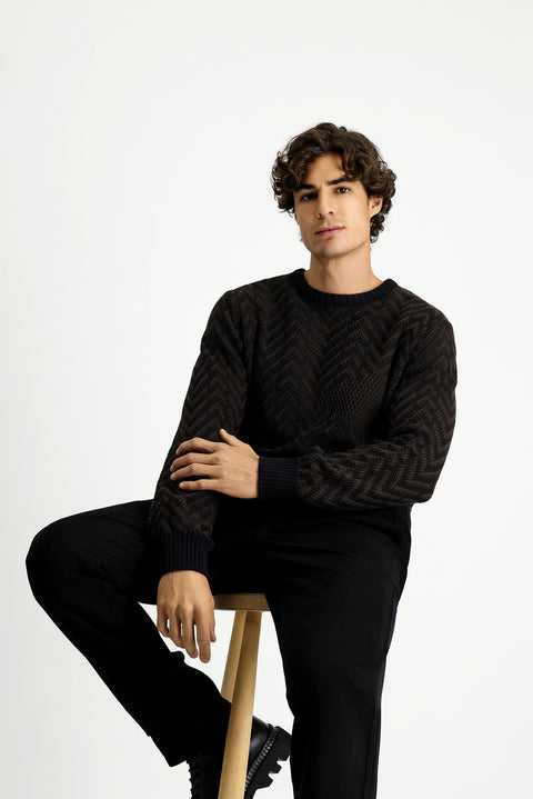 Dark Brown Crew Neck Oversize Extra Relaxed Fit Cotton Patterned Knit Sweater