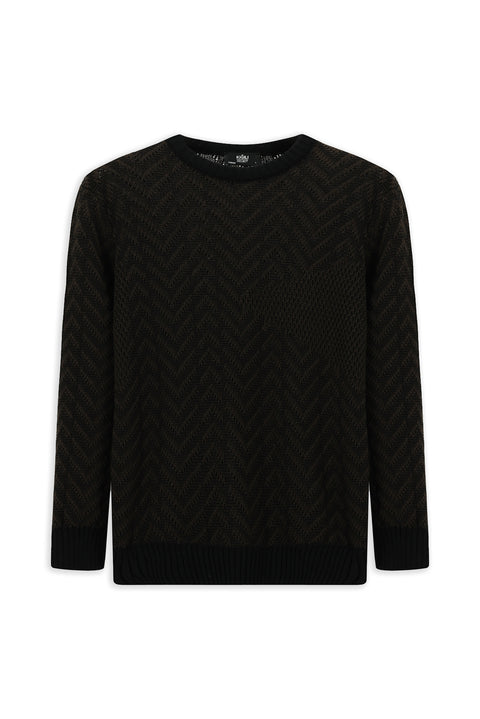 Dark Brown Crew Neck Oversize Extra Relaxed Fit Cotton Patterned Knit Sweater