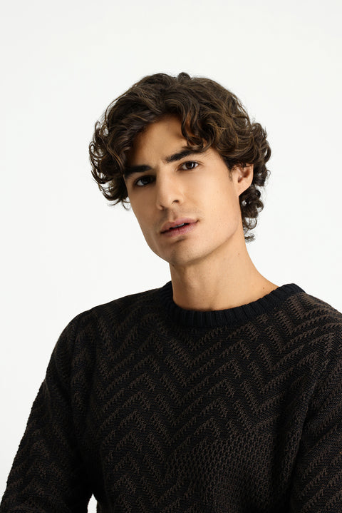 Dark Brown Crew Neck Oversize Extra Relaxed Fit Cotton Patterned Knit Sweater