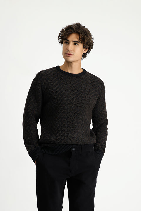 Dark Brown Crew Neck Oversize Extra Relaxed Fit Cotton Patterned Knit Sweater