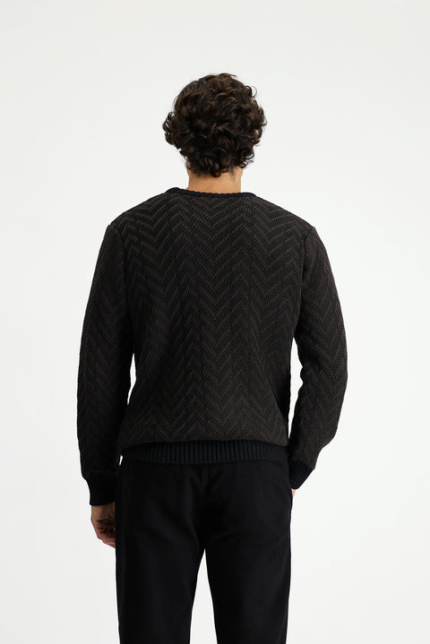 Dark Brown Crew Neck Oversize Extra Relaxed Fit Cotton Patterned Knit Sweater