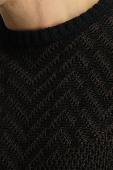 Dark Brown Crew Neck Oversize Extra Relaxed Fit Cotton Patterned Knit Sweater