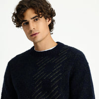 Dark Navy Crew Neck Regular Fit Patterned Wool Knit Sweater