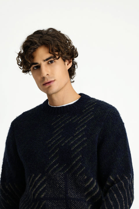 Dark Navy Crew Neck Regular Fit Patterned Wool Knit Sweater