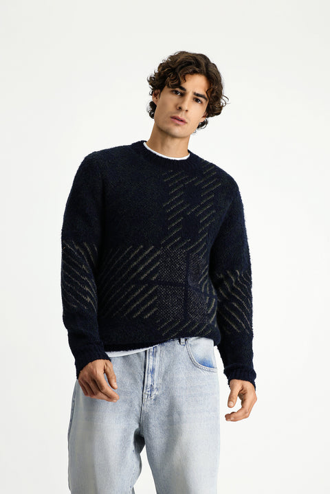 Dark Navy Crew Neck Regular Fit Patterned Wool Knit Sweater