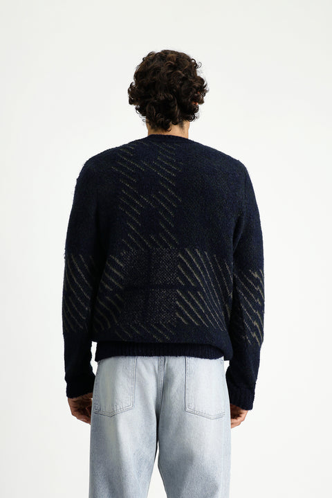Dark Navy Crew Neck Regular Fit Patterned Wool Knit Sweater