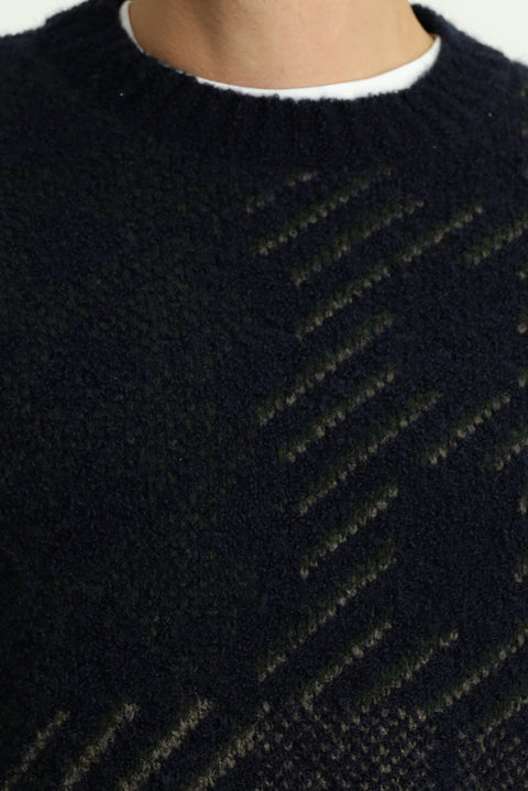 Dark Navy Crew Neck Regular Fit Patterned Wool Knit Sweater